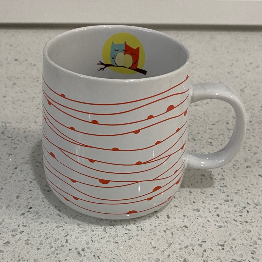 Owl Design Mug, 16oz, white and orange, Stokes stoneware. EUC